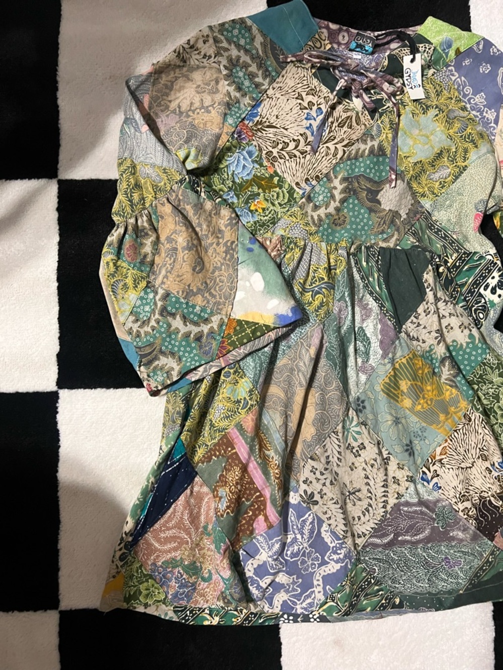 Boho Patchwork Green Multi Mini Dress with Bell Sleeves - Picture 5 of 5